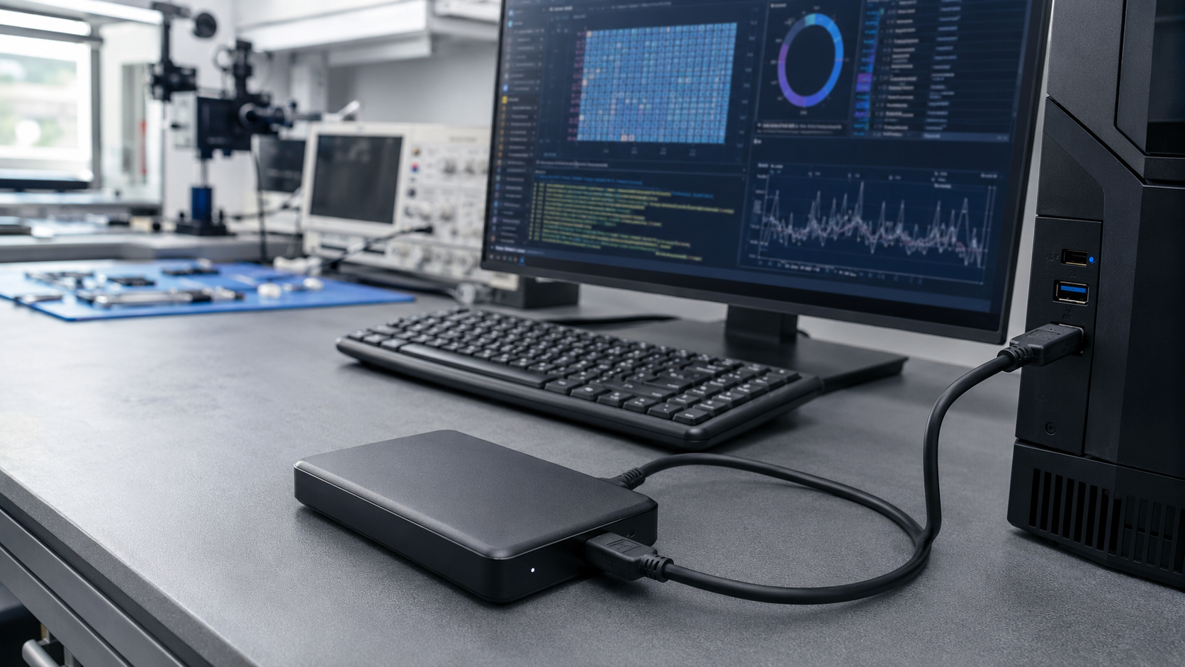 Disco rigido esterno USB collegato a una postazione di analisi