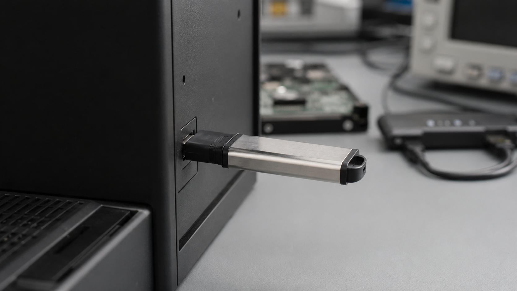 Chiavetta USB collegata a una postazione tecnica per la diagnosi
